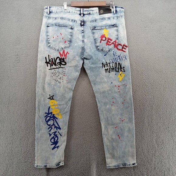 Argonaut Nation Jeans Mens 42x32 Blue Light Wash‎ Painted Graffiti Baggy Y2K - Picture 9 of 14